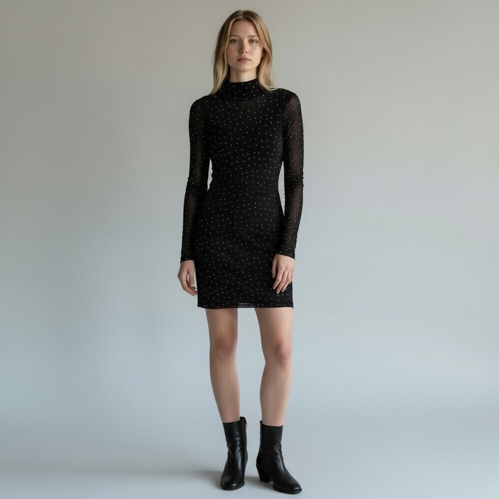 Audrey Parks Black Sheer Rhinestone Studded Bodycon Mini Dress Womens S - Picture 4 of 9